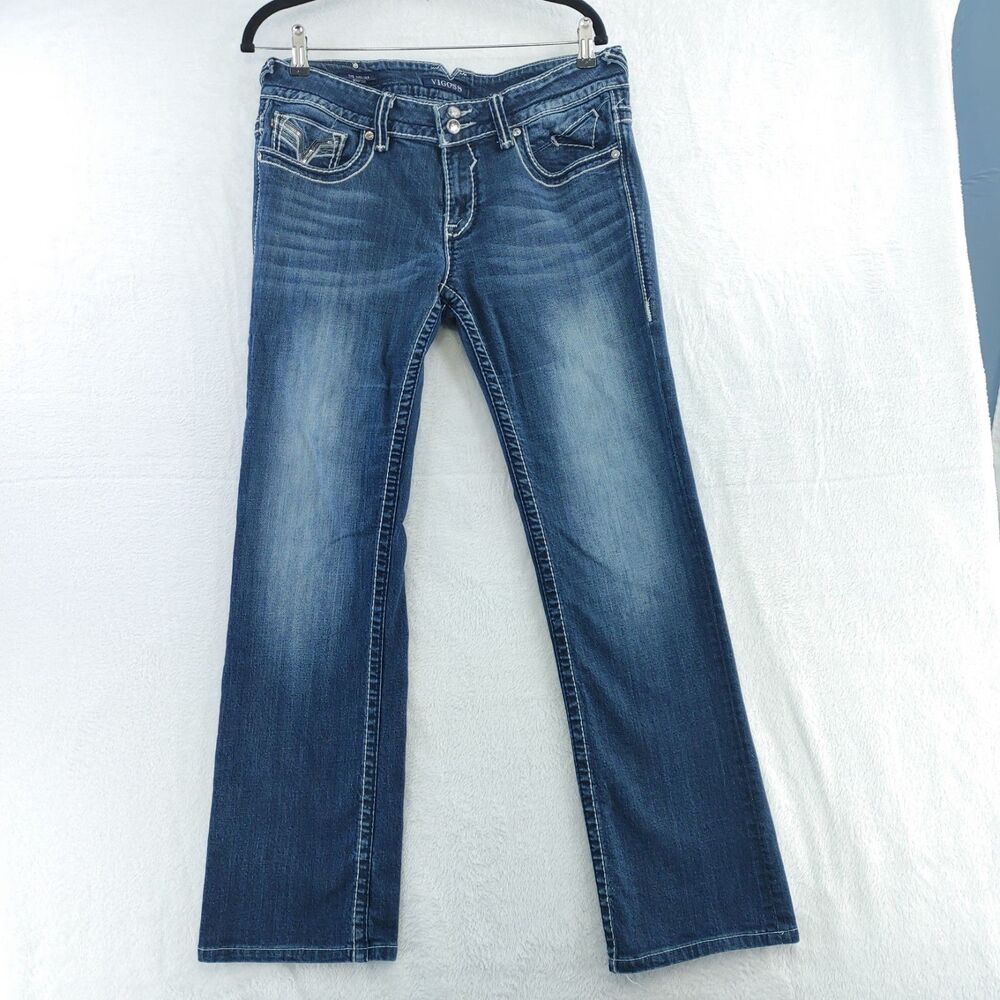 Vigoss The Chelsea Boot Cut Jeans Womens Size 32x33 Blue Embellished Pockets